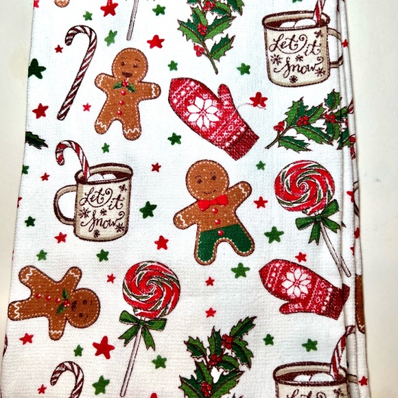 2 CHRISTMAS GINGERBREAD COOKIES KITCHEN TOWELS HOT COCOA CANDY CANES MITTENS - Picture 3 of 8